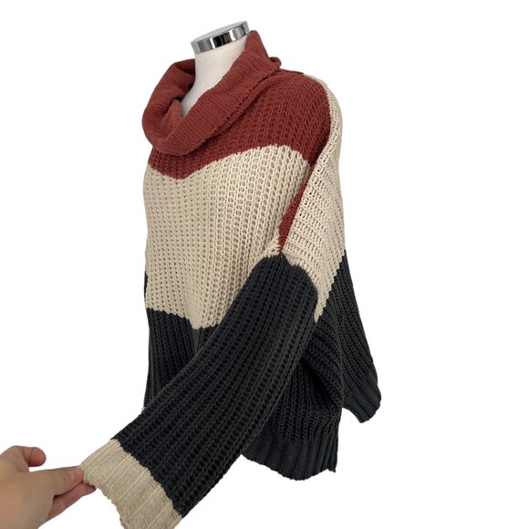 POL Chenille Colorblock Turtleneck Sweater Orange Ivory Size Medium - Picture 2 of 13